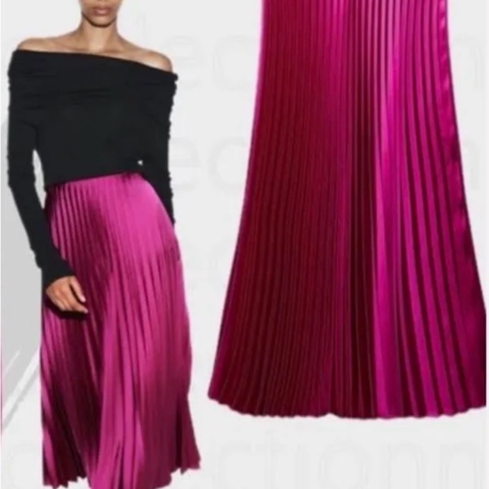Zara Trafaluc Collection fuchsia micro pleated stretch velvet midi skirt